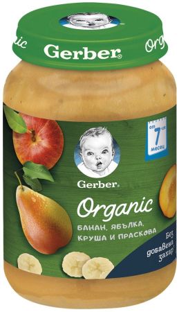 Пюре банан, ябълка, круша, праскова Nestle Gerber Organic  6+ месеца - 190 гр.
