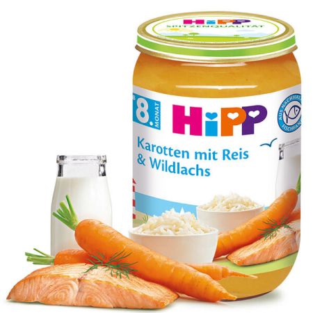 Пюре рибно меню с моркови, ориз и дива сьомга HiPP - 8+ месеца, 220 гр.