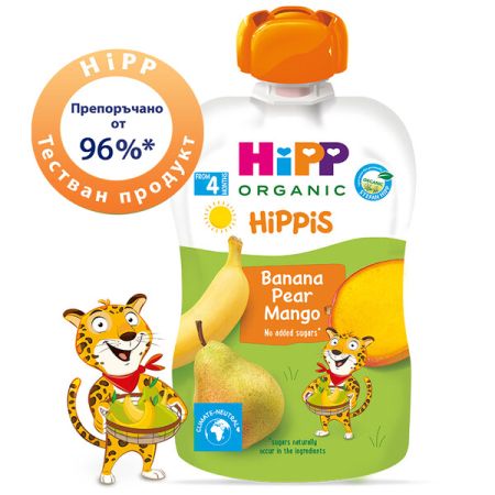 Плодова закуска HiPPiS Био банан, круша и манго HiPP - 4+ месеца, 100 гр.