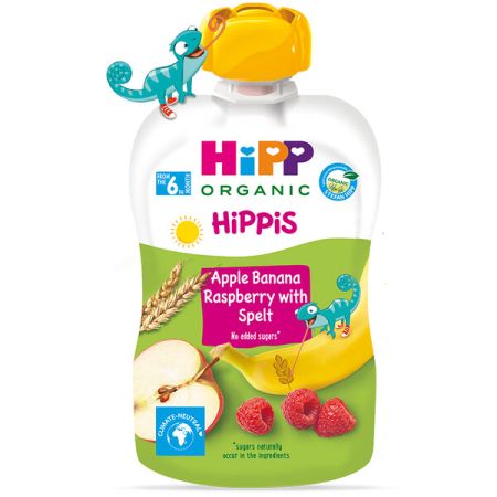 Плодова закуска HiPPiS Био ябълка, банан, малина с пълнозърнести култури HiPP - 4+ месеца, 100 гр.