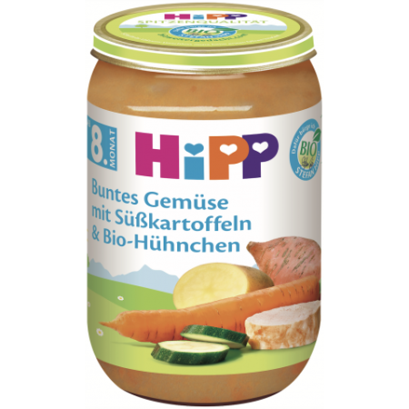 Пюре Био зеленчуци, сладки картофи и пилешко HiPP - 8+ месеца, 220 гр.