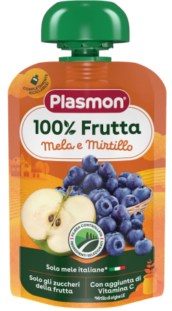 Плодова закуска ябълка и боровинка Plasmon - 6+ месеца, 100 гр.