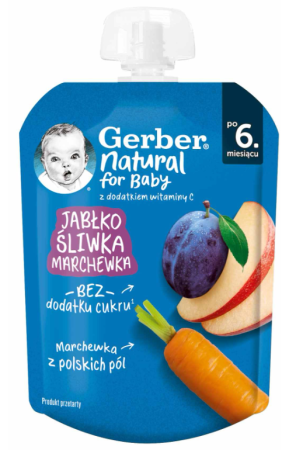 Пауч ябълка, слива и морков Nestlé GERBER - 6+ месеца, 80 гр.