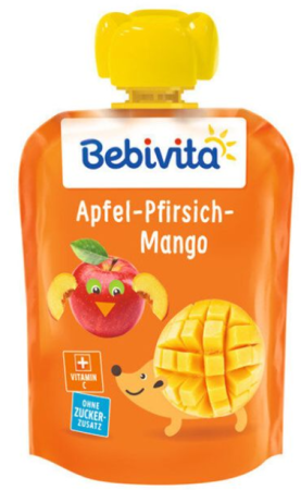 Плодова закуска ябълка с манго и праскова Bebivita - 12+ месеца, 90 гр.