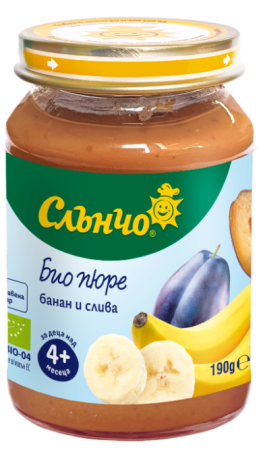 Пюре биологично банан и слива Слънчо - 4+ месеца, 190 гр.