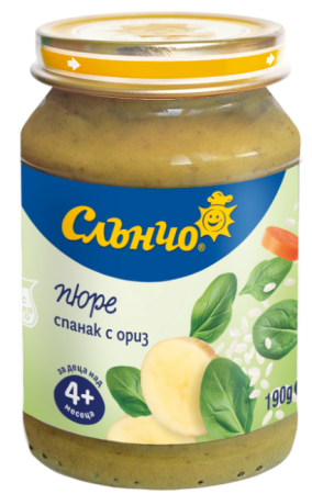 Пюре спанак с ориз Слънчо - 4+ месеца, 190 гр.