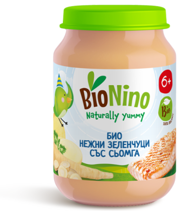 Пюре Био нежни зеленчуци със сьомга BioNino - 6+ месеца, 190 гр.