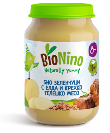 Пюре Био зеленчуци с елда и крехко телешко месо BioNino - 8+ месеца, 190 гр.