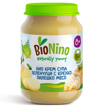 Пюре Био крем супа зеленчуци с крехко пилешко месо BioNino - 8+ месеца, 190 гр.