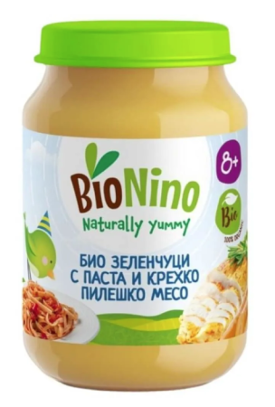 Пюре Био зеленчуци с паста и крехко пилешко месо BioNino - 8+ месеца, 190 гр.