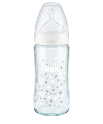 NUK First Choice+ стъклено шише 240 мл. със силиконов биберон 0-6 месеца, размер М - бял