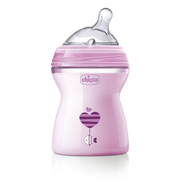 Шише Natural Feeling 250 мл., със силиконов биберон 2 капки, 2м+ - Chicco - розов