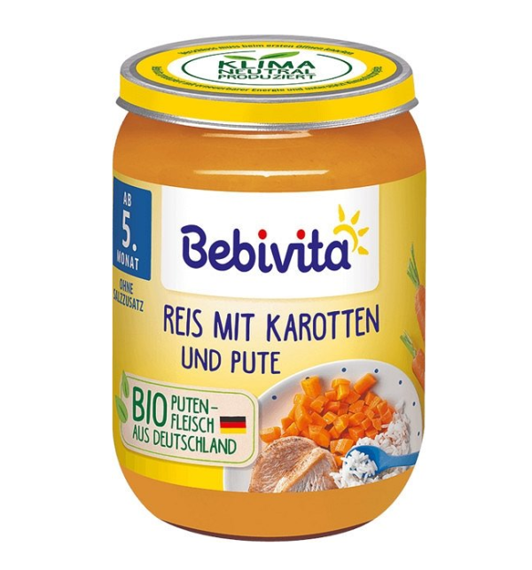 Пюре Био ориз, моркови и пуешко месо Bebivita - 6+ месеца, 190 гр.