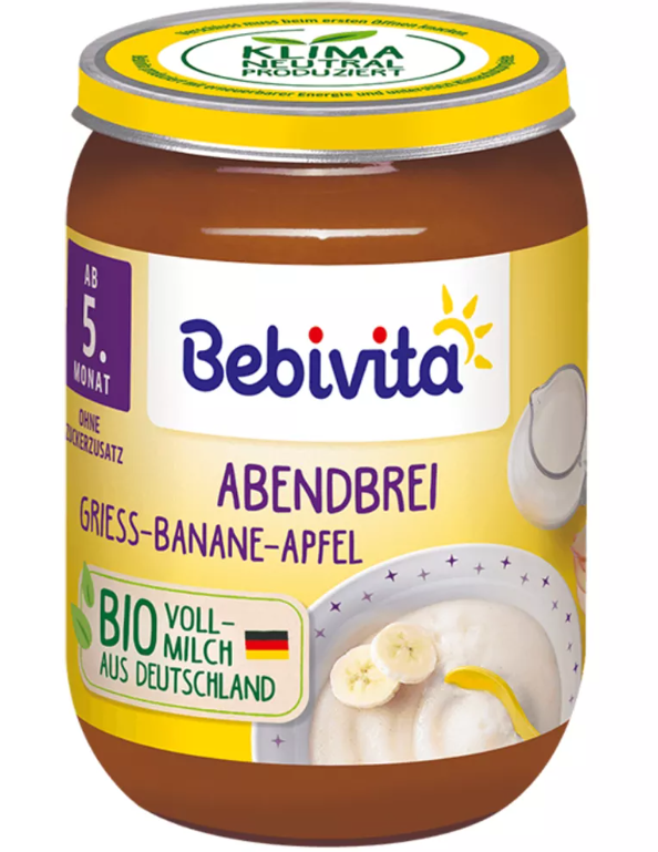 Млечна Био каша грис банан и ябълка "Лека нощ" Bebivita, 5+ месеца, 190 гр.