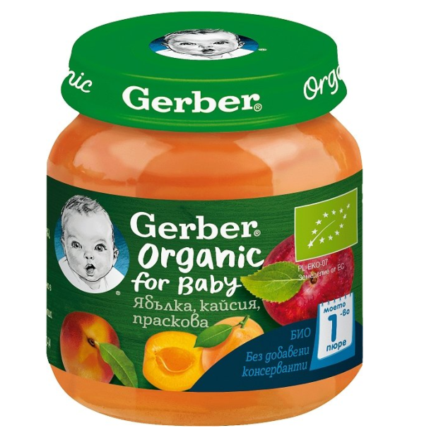 Пюре Био ябълка, кайсия и праскова Nestle Gerber Organic Моето първо пюре - 6+ месеца, 125 гр.