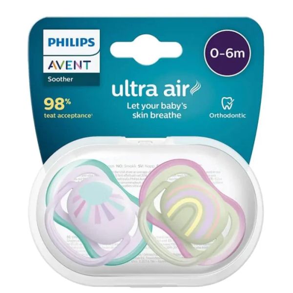 Philips Avent Ultra Air Ортодонтична залъгалка с кутийка 0-6М дъга, 2 бр.