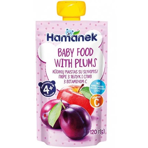 Пюре с ябълка и сливи пауч Hamanek - 4+ месеца 120г.