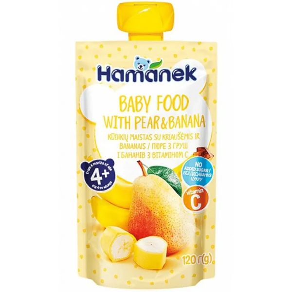 Пюре с круша и банан пауч Hamanek - 4+ месеца 120г.