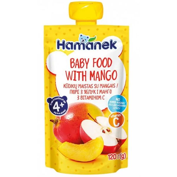 Пюре с ябълка и манго пауч Hamanek - 4+ месеца 120г.
