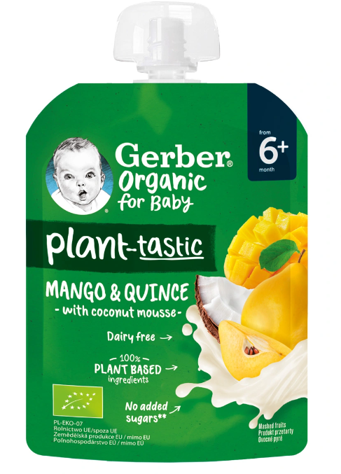 Био пауч манго и дюля с кокосов мус Nestlé GERBER Organic - 6+ месеца, 80 гр.