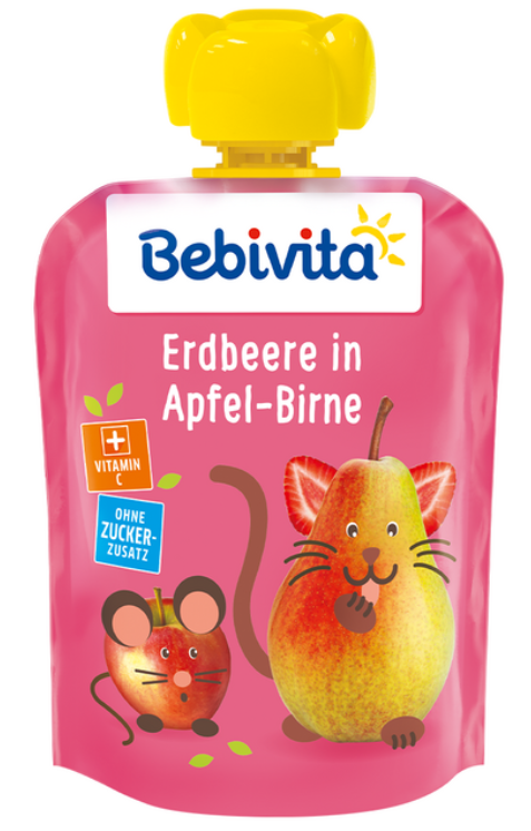 Плодова закуска от ягода с ябълка и круша Bebivita - 12+ месеца, 90 гр.