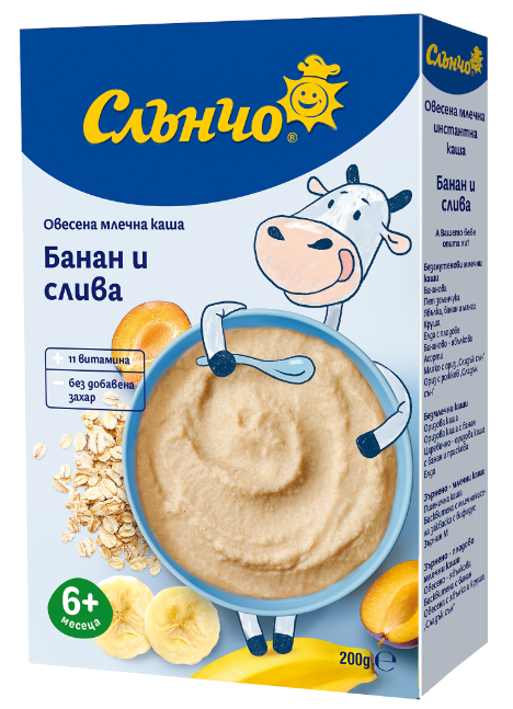 Млечна овесена каша с банан и слива Слънчо - 6+ месеца, 200 гр.