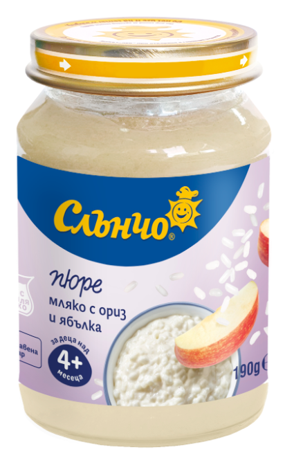 Пюре мляко с ориз и ябълка Слънчо - 4+ месеца, 190 гр.