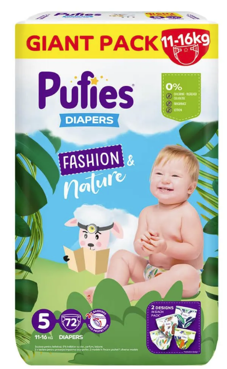 Бебешки пелени Pufies Fashion & Nature 5, 11-16 кг. 72 броя