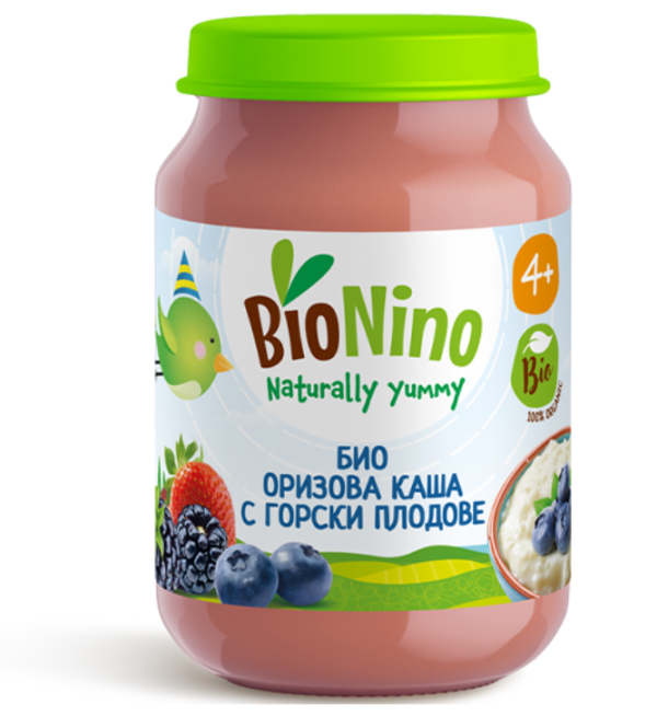 Пюре Био оризова каша с горски плодове BioNino - 4+ месеца, 190 гр.
