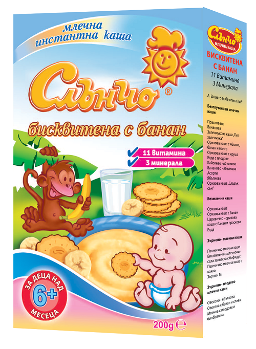 Млечна каша бисквитена с банан Слънчо - 6+ месеца, 200гр.