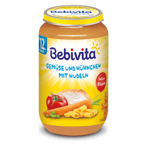 Пюре зеленчуци, спагети и пилешко месо Bebivita - 12+ месеца, 250 гр.