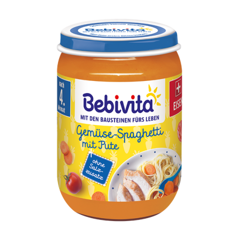 Пюре спагети със зеленчуци и пуешко месо Bebivita - 4+ месеца, 190гр.