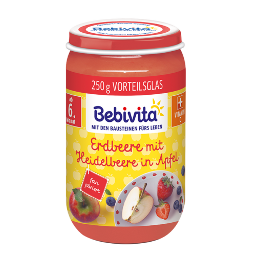 Пюре ябълка с ягода и боровинки Bebivita - 6+ месеца, 250 гр.