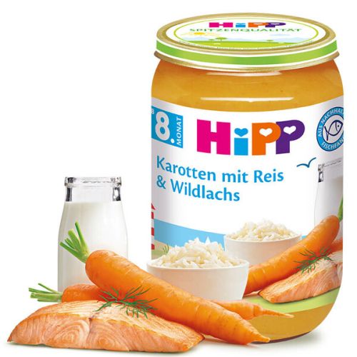 Пюре рибно меню с моркови, ориз и дива сьомга HiPP - 8+ месеца, 220 гр.