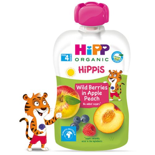 Плодова закуска HiPPiS Био ябълка и праскова с горски плодове HiPP - 4+ месеца, 100 гр.