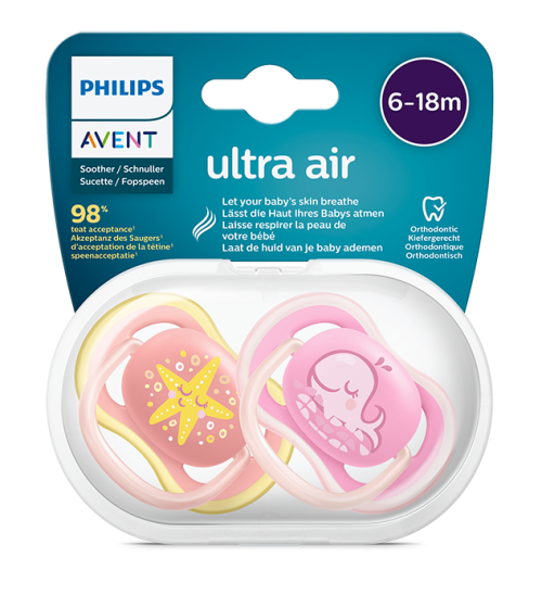 Силиконови залъгалки Ultra Air  6-18 месеца Philips Avent - животни море, 2 бр.
