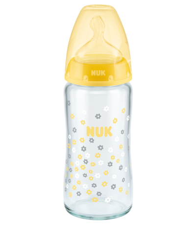 NUK First Choice+ стъклено шише 240 мл. със силиконов биберон 0-6 месеца, размер М - жълт
