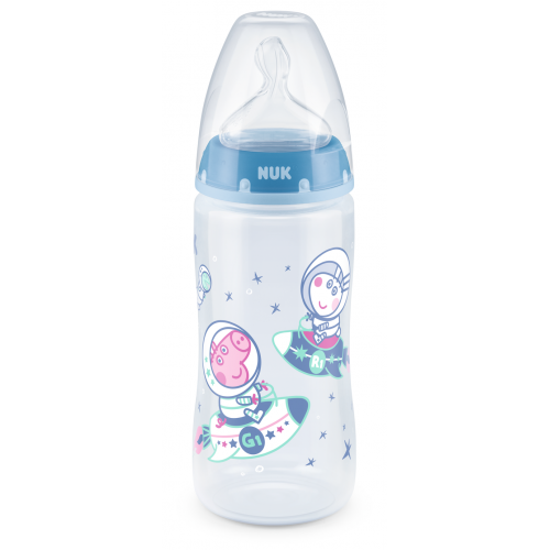 NUK First Choice шише Temperature control 300 мл. със силиконов биберон 6-18 месеца, размер М  Пепа Прасето син