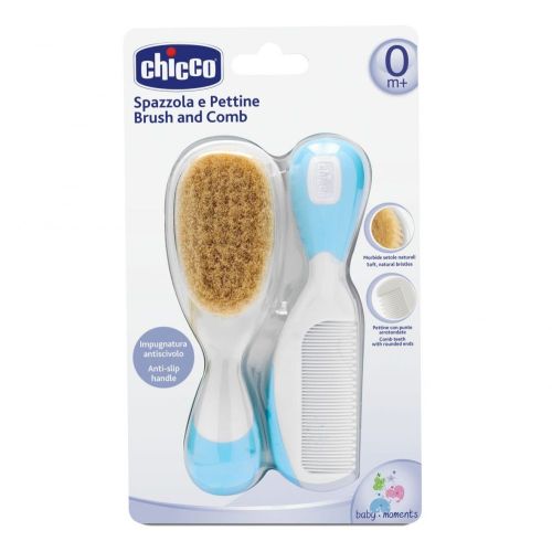 Комплект гребен и четка от естествен косъм Chicco - 0м+, син