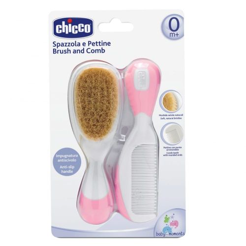 Комплект гребен и четка от естествен косъм Chicco - 0м+, розов