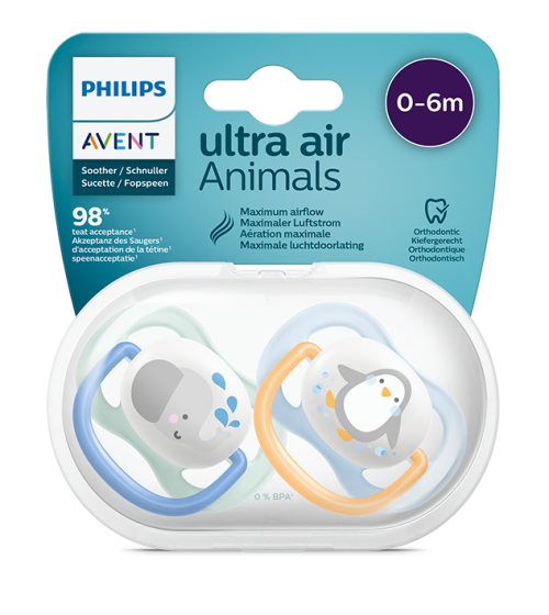 Силиконови залъгалки Philips Avent ULTRA AIR HAPPY, момче, 0-6 месеца, 2 бр.