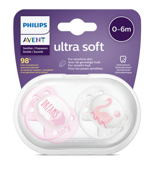 Силиконови меки залъгалки Philips Avent ULTRA SOFT, момиче, 0-6 месеца, 2 бр.