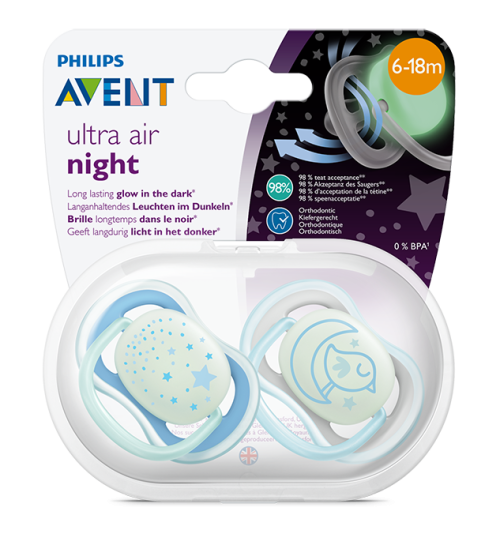 Philips Avent Ultra Air Night, Силиконови ортодонтични залъгалки момче, 6-18 месеца, 2 бр.