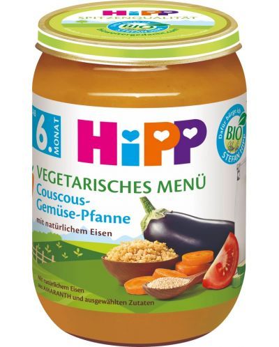 Пюре Био вегетарианско меню градински зеленчуци със кус кус HiPP- 6+ месеца, 190 гр.
