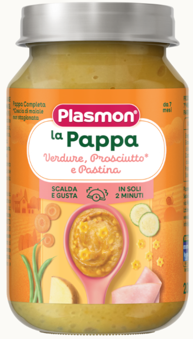 Пюре зеленчуци, бебешка паста и свинско месо Plasmon - 7+ месеца, 200 гр.