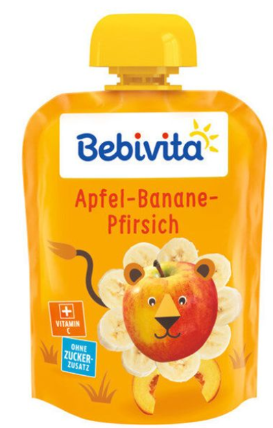 Плодова закуска ябълка с банани и праскова Bebivita - 12+ месеца, 90гр.
