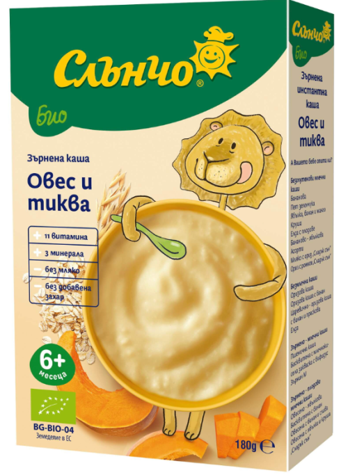 Безмлечна каша био овес и тиква Слънчо - 6+ месеца, 180 гр.