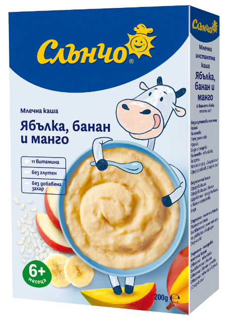 Млечна каша оризова с ябълка, банан и манго Слънчо - 6+ месеца, 200 гр.