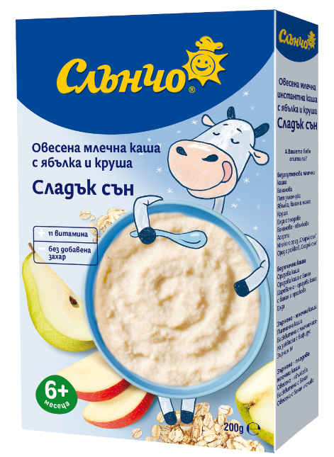 Млечна каша "Сладък сън" овесена с ябълка и круша Слънчо - 6+ месеца, 200 гр.