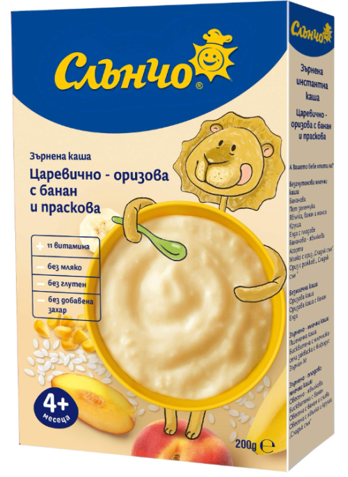Безмлечна каша царевично-оризова с банан и праскова Слънчо - 4+ месеца, 200 гр.